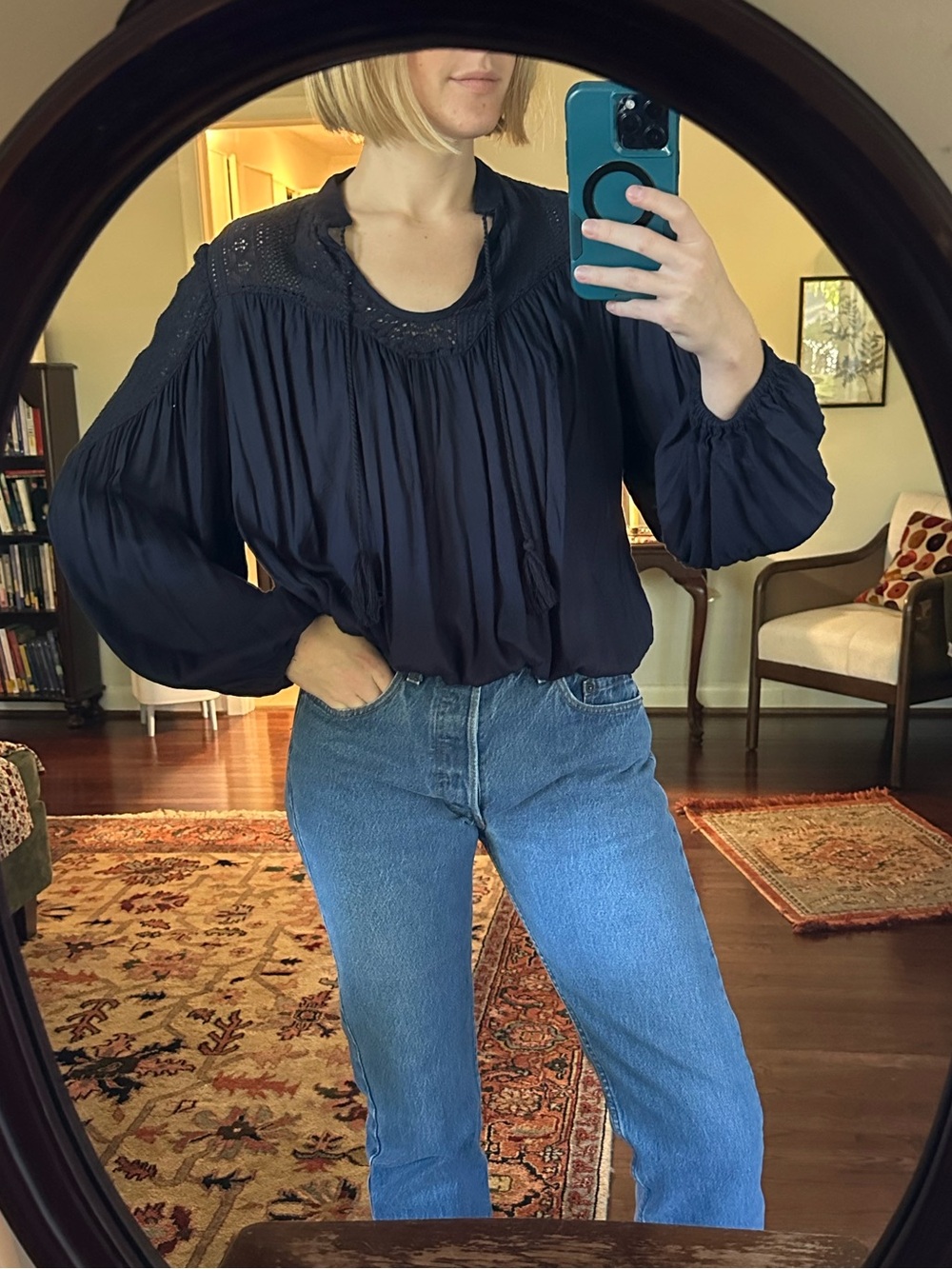 Lucky Brand Navy Crochet Long-Sleeve Peasant Top